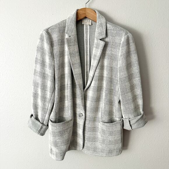 Loft Gray Plaid Knit Blazer Cardigan Women's Size XXL single button closure‎ - Picture 1 of 11